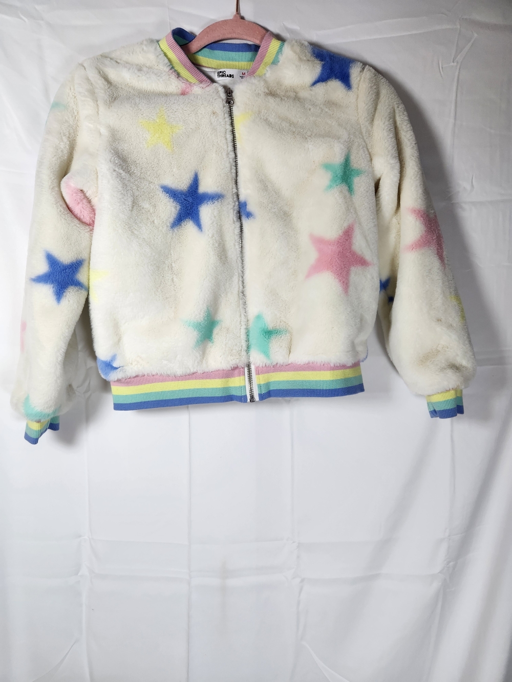 Cozy Star Print Faux-Fur Bomber Jacket - Cream